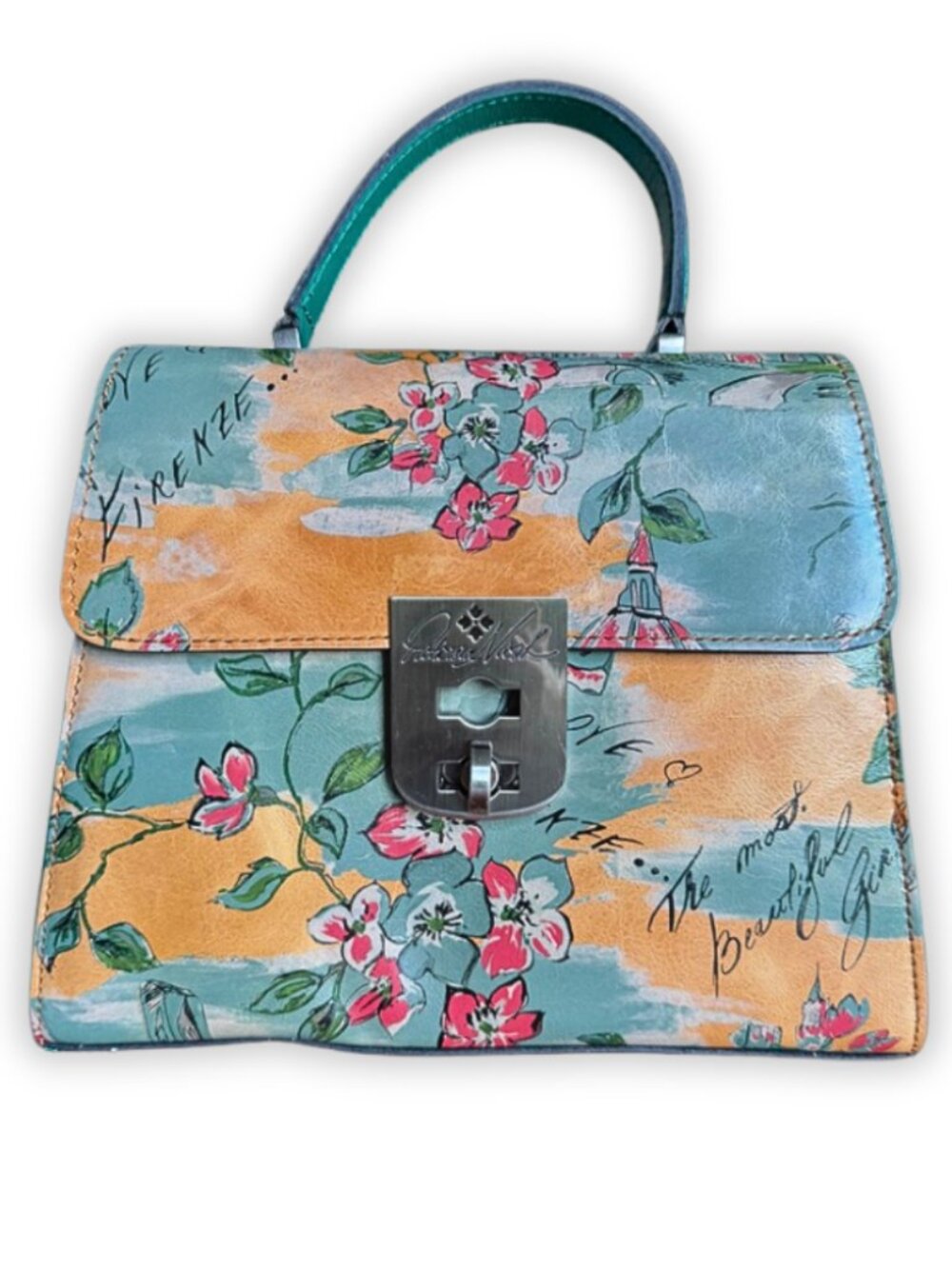 Patricia Nash Floral Leather Satchel Sage Green Summer Handbag Italian Style